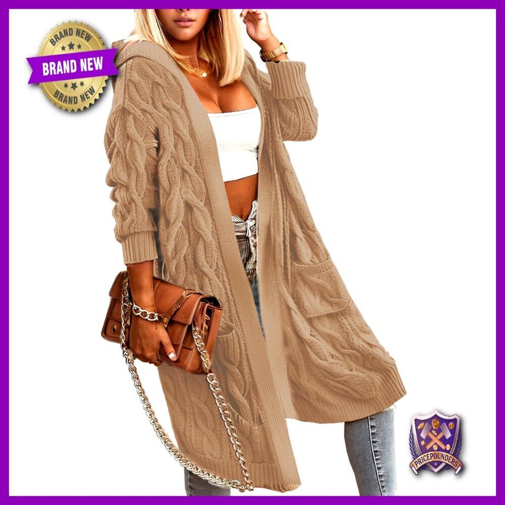 Oversized Cable Knit Hooded Cardigan Open Front Chunky Sweater Long Length